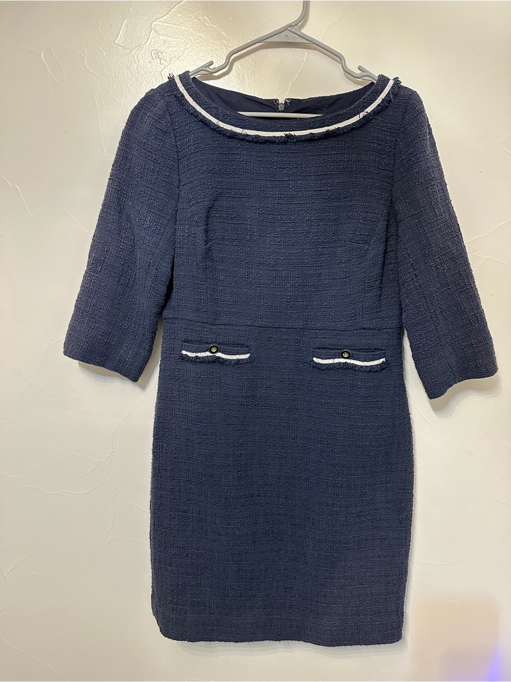 J. Crew Navy Bouclé Sheath Dress with White Trim